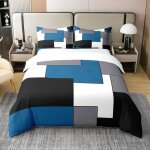 Housse de couette 100% coton bleu gris blanc noir parure de lit 220x240 g�om�trique grillag�e � rayures ...