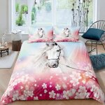Housse de couette 140x200 rose cheval microfibre parure de lit animaux fleurs motif 2 personnes literie ...