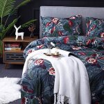 Housse de couette 200x200 bleu nuit - parure de lit motif fleurie rose avec fermeture clair - 2 taies ...