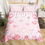 Housse de couette 220x240 fille n?ud rose parure de lit rose fleuri pour enfant sets de housses de couettes ...