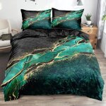 Housse de couette 220x240 marbre motif vert noir dor adulte 2 personnes parure de lit 3 pieces microfibre ...