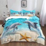 Housse de couette 220x240cm pour enfant adolescents animal dauphin motif parure de lit bleu clair ensemble ...