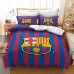 Housse de couette fc barcelone pour gar�on / ado parure de lit 3 pi�ces bleu violet et gris en microfibre ...