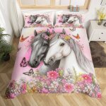 Housse de couette fille aquarelle parure de lit 220x240 enfant chevaux noir et blanc sets de housses ...