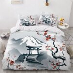 Housse de couette montagne japonaise 240x260 fleurs de cerisier parure de lit 2 personnes imprim�e microfibre ...