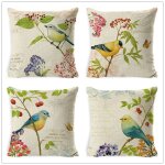 Housse de coussin ext�rieur lot de 4 motif fleur et oiseau vert imperm�able 45x45 cm.