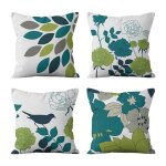 Housse coussin ext�rieur lot 4 imperm�able - fleurs oiseaux bleus verts 45x45cm
