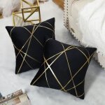 Housse de coussin - jormftte - 45x45 cm - velours noir - lignes dor�es - design contemporain