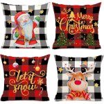 Housses de coussin de no�l � carreaux lot de 4 45 x 45 cm noir et rouge d�corations de no�l