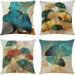 Housse de coussin40x40cm taies doreiller en lin coussins de canap dcoratifs lot de 4 ginkgo dores ...