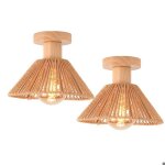 Idegu 2pcs plafonnier r�troe27 lampe de plafond abat - jour en rotin et bois vintage lustre design chapeau ...