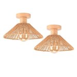 Idegu 2pcs plafonnier vintage26cm lampe de plafond industriel en rotin et bois design edison e27 luminaire ...