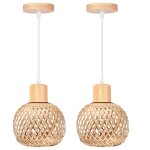 Idegu 2pcs rtro suspension luminaire en bambou et bois vintage lampe 13cm mini abat - jour  boule rotin ...