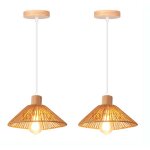 Idegu 2x lustre suspension vintage26cm lampe plafonnier industriel en rotin et bois r�glable e27 luminaire ...