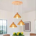 Idegu 3lampes lustre vintage industriele27 lampe de plafond en rotin et bois designe chapeau luminaire ...