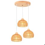 Idegu 3lampes suspension luminaire industriel lustre vintage en bois rotin brun plafonnier en cage frome ...