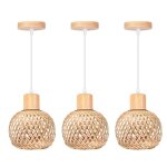 Idegu 3pcs rtro suspension luminaire en bambou et bois vintage lampe 13cm mini abat - jour  boule rotin ...