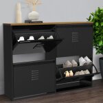 Idmarket meuble � chaussures 20 paires ester 4 portes m�tal noir et plateau fa�on h�tre design industriel ...