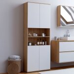 Idmarket meuble armoire colonne salle de bain tomi 4 portes 2 niches fa�on h�tre et blanc