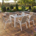 Idmarket salon de jardin madrid table 150 cm et 6 chaises empilables blanc et beige