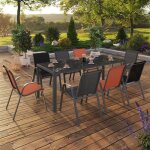 Idmarket salon de jardin madrid table 190 cm et 8 chaises empilables mix color gris noir et terracotta ...
