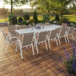 Idmarket salon de jardin madrid table extensible 135 - 270 cm et 12 chaises empilables blanc et beige ...