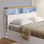 Idmarket t�te de lit sur pied luna � leds 145 cm avec rangements ferm�s et niches blanc et plateau effet ...