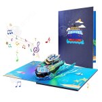 Inn cartes de v?ux 16x21cm carte 3d motif bateau bleu pour anniversaire lumi�res et musique enveloppe ...