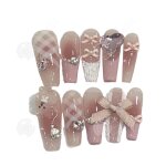 Inn faux ongles l 10 pices ballerine rose glazed french 3d bow fleurs c?ur perle press on nails cute ...