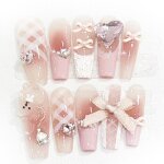 Inn faux ongles m 10 pices ballerine rose glazed french 3d bow fleurs c?ur perle press on nails cute ...