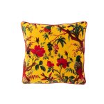 J - line coussin oiseaux / fleurs - velours / coton - jaune