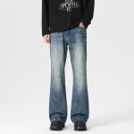 Jean bootcut  coupe droite homme 5 poches casual pantalon en jean effet dlav confortable - bleu