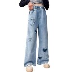 Jeans fille imprime c?ur coupe loose taille elastiquee - bleu