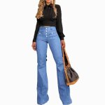 Jean taille haute boutonné ecelen pour femme - pantalon slim évasé - bleu clair Jean taille haute boutonné ecelen pour femme - pantalon slim évasé - bleu clair