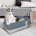Jeobest bac  litire pour chat xxl en acier inoxydable bac  litire ouvert pour chats et chiens 60 ...