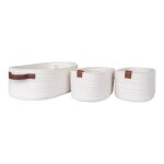 Jiana - lot de 3 paniers en coton blanc et poignes imitation cuir marron