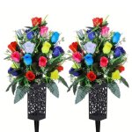 Jolies fleurs artificielles de cimeti�re avec vase lot de 2 bouquets de lys roses artificiels label