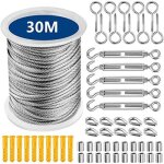 Kit de c�ble en acier - 30 m - fil dacier - complet avec crochets pitons � vis et fixations en acier ...