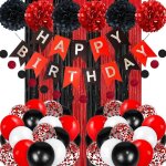 Kit de d�coration danniversaire noir et rouge banni�re happy birthday ballons diy en papier pompons rideau ...