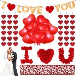 Kit d�coration saint - valentin - ballons c?ur rouge + 1000 p�tales rose + guirlande c?ur + banderole ...