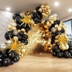 Kit guirlande de ballons noirs et dor�s - 132 pi�ces - avec ballons en aluminium starburst - confettis ...