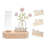 Kit socle en bois naturel et fiole en verre - fleurs acrylique + 4 mots bois - 85 x 17 x 36 cm - vase ... Kit socle en bois naturel et fiole en verre - fleurs acrylique + 4 mots bois - 85 x 17 x 36 cm - vase ...