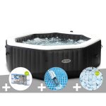 Kit spa gonflable intex purespa carbone octogonal bulles et jets 6 places + 12 filtres + 5 kg de sel ...