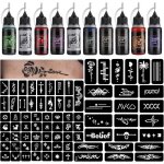 Kit de tatouage temporaire 10 bouteilles dencres de couleur kit de 84 pochoirs pour peinture corporelle ...