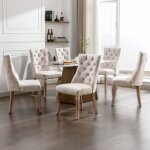 Kodise - lot de 6 chaises salle � manger velours beige capitonnage boutonn� pieds en bois massif