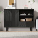 Kodise buffet noir - finition motif ray� - avec 2 portes et 1 tiroir - espace de rangement ouver - pour ...
