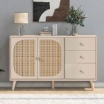 Kodise buffet de salle � manger commode de salon - avec portes en rotin et 3 tiroirs - pieds en bois ...