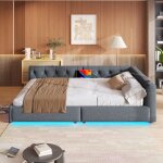 Kodise canap� - lit 140x200 cm lit adulte avec led et port usb - sommier � lattes - lin gris - sans matelas ...