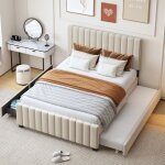 Kodise lit adulte 140x190 cm lit double avec 2 tiroirs et lit gigogne - velours beige (sans matelas)