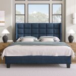 Kodise lit capitonn 140x200 cm lit adulte lit ado - avec sommier  lattes en bois - tissu lin - bleu ...